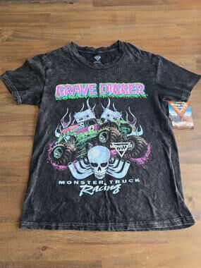 Monster Jam Grave Digger Women's XS  Monster Truck Shirt Black Wash Acid NWT